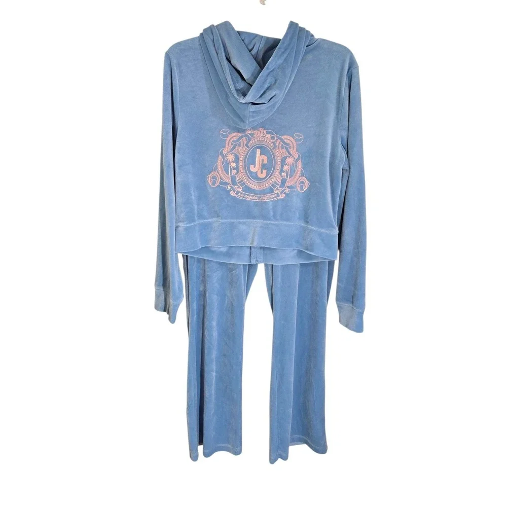 Juicy Couture Blue Velour Tracksuit Zip Hoodie Pants Set Large JC Crest Logo